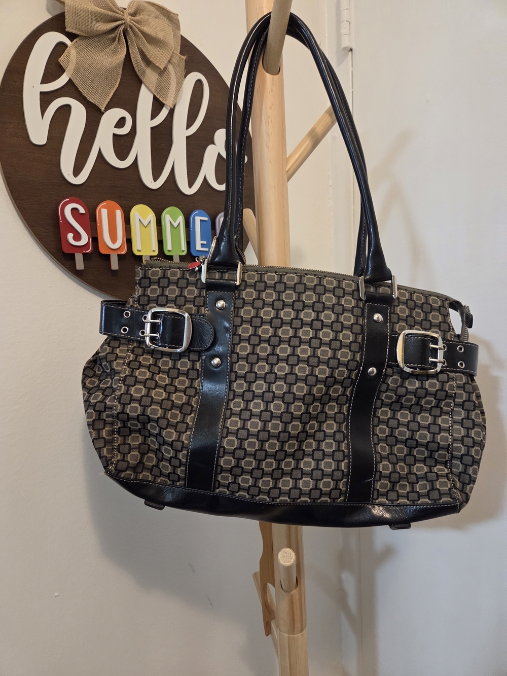Nine West Black and Tan Patterned Shoulder Bag with Buckle Straps